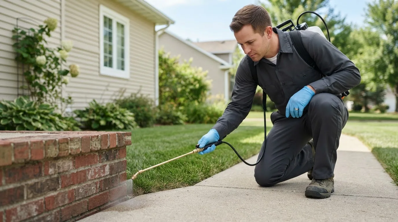Pest control technician treating a home near Sedgwick, CO